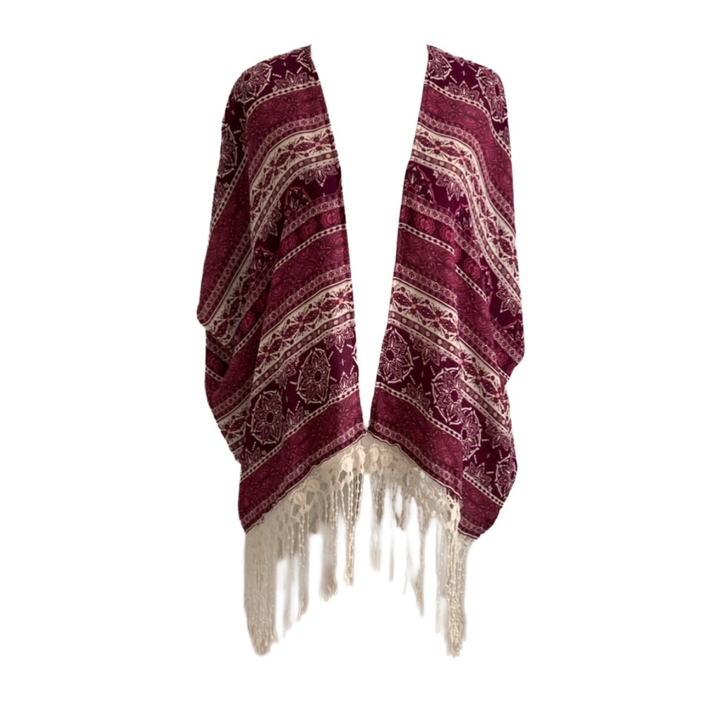 FOREVER 21 Women’s Burgundy w/ Cream Print & Fringe Boho Kimono Size: Small